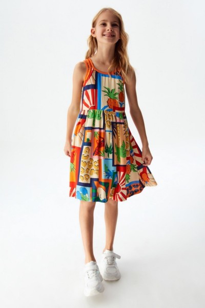 8-14 Yaş Singapur Kız Çocuk Elbise- Turuncu