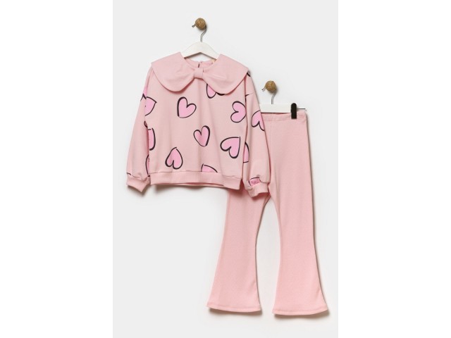 4-7 Yaş Love Fiyonk Kız Çocuk Taytlı Takım -Pembe