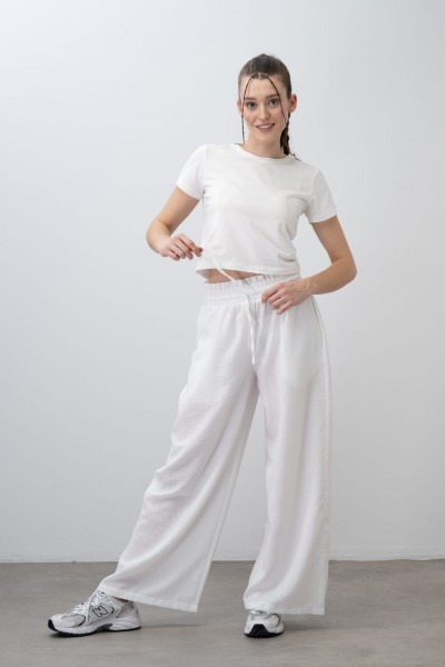 - 9-15 Yaş Kız Çocuk Keten Pantolon - Beyaz