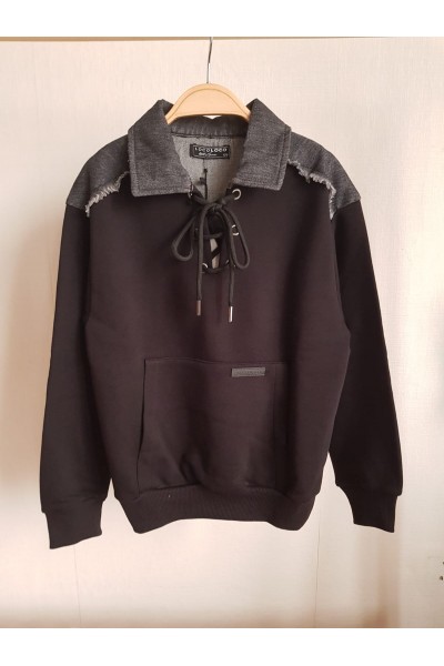 < 8-14 Yaş Kız Çocuk Jean Yaka Detaylı Kanguru Cepli Sweatshirt