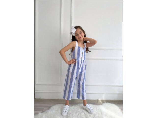 3-10 Yaş Kız Çocuk Keten Çizgili Salopet