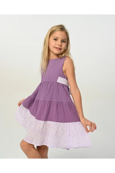 3-8 Yaş Kız Çocuk Keten Elbise -Mor 