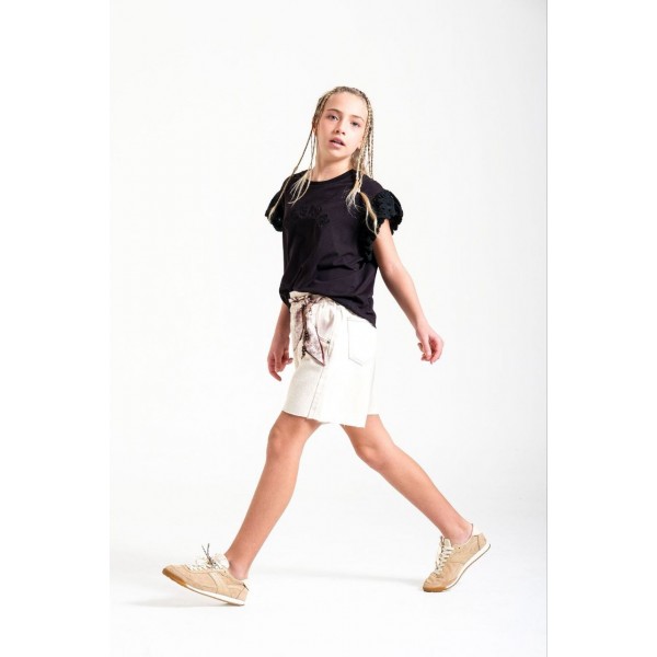 < 8-15 Yaş Kız Çocuk Fular Kemerli Kot Şort - Bej