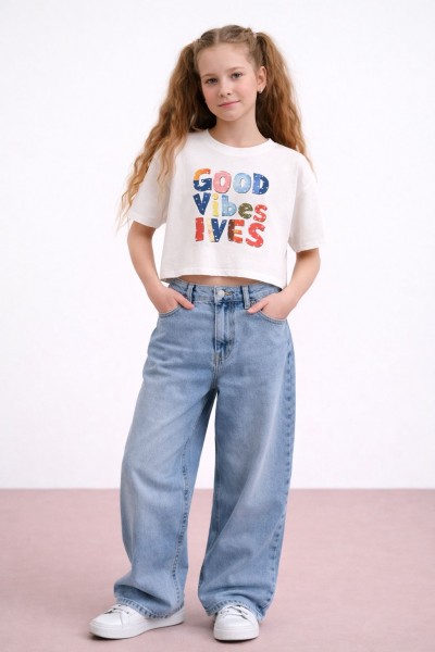 < 8-15 Yaş Kız Çocuk Vibes Tshirt - Beyaz