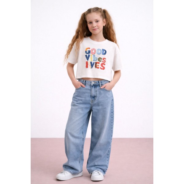 < 8-15 Yaş Kız Çocuk Vibes Tshirt - Beyaz