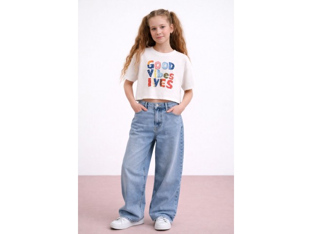 < 8-15 Yaş Kız Çocuk Vibes Tshirt - Beyaz