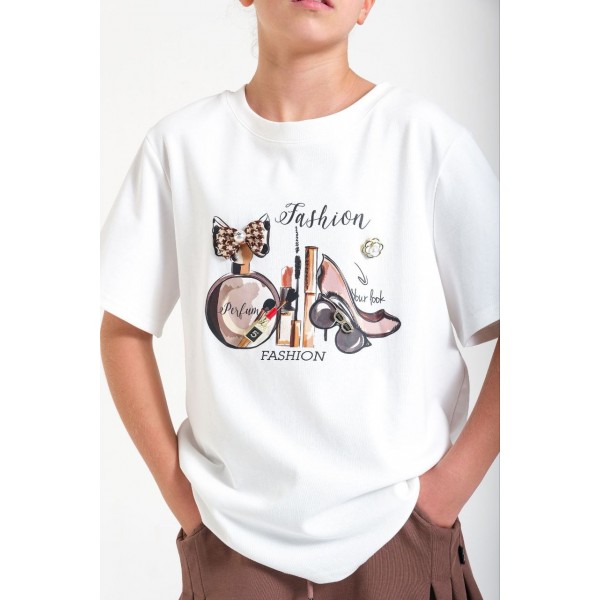 < 8-15 Yaş Kız Çocuk Fashion Tshirt - Ekru