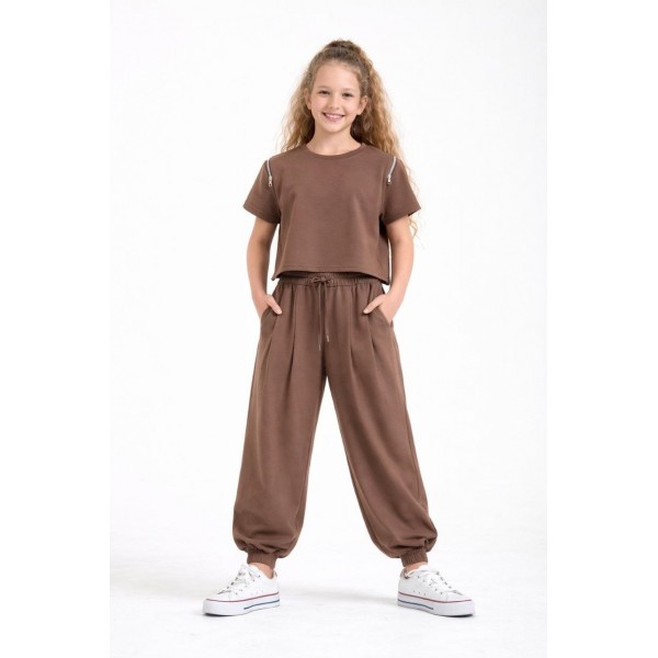 < 8-15 Yaş Kız Çocuk Fermuar Detaylı Tshirt - Kahverengi