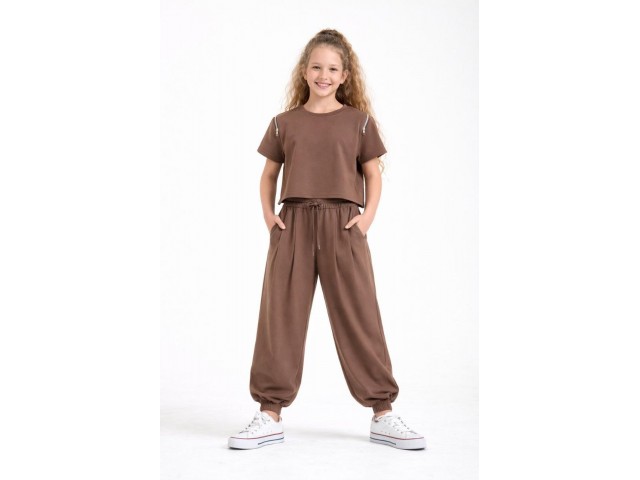 < 8-15 Yaş Kız Çocuk Fermuar Detaylı Tshirt - Kahverengi