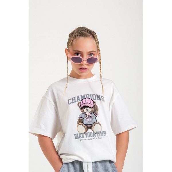 < 8-15 Yaş Kız Çocuk Champion Tshirt - Ekru