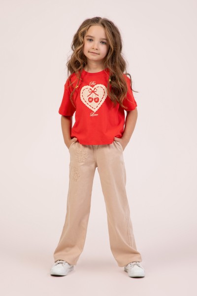 - 4-9 Yaş Kız Çocuk İşlemeli Pantolon - Bej