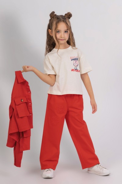 - 4-9 Yaş Kız Çocuk İşlemeli Pantolon - Kırmızı