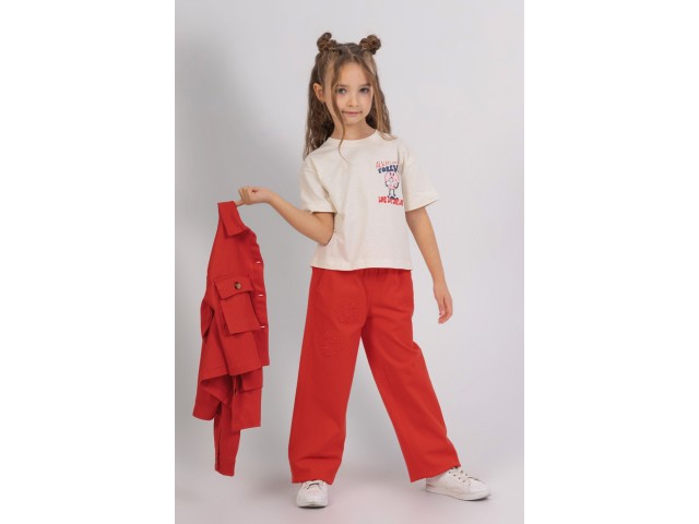 - 4-9 Yaş Kız Çocuk İşlemeli Pantolon - Kırmızı