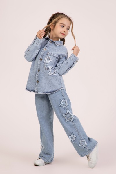 - 4-9 Yaş Kız Çocuk Yıldız Nakışlı Pantolon