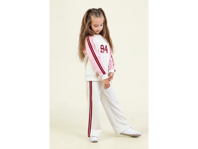 * 4-9 Yaş Kız Çocuk Biyeli Eşofman Takımı - Krem