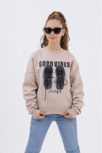 * 9-15 Yaş Kız Çocuk Good Vibes Sweat - Vizon 