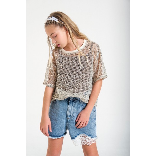 < 8-15 Yaş Kız Çocuk Dantel Detaylı Kot Şort - Mavi