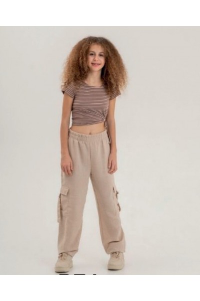 - 8-14 Yaş Kız Çocuk Kargo Cepli Keten Pantolon - Bej