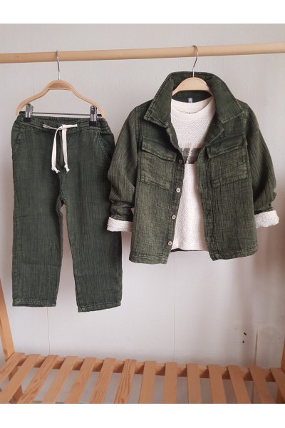 < 2-14 Yaş Erkek Çocuk Keten 2li Takım - Haki