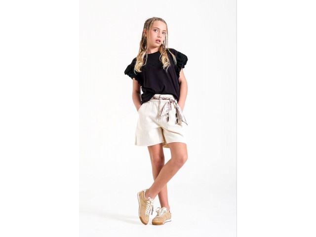 < 8-15 Yaş Kız Çocuk Fular Kemerli Kot Şort - Bej