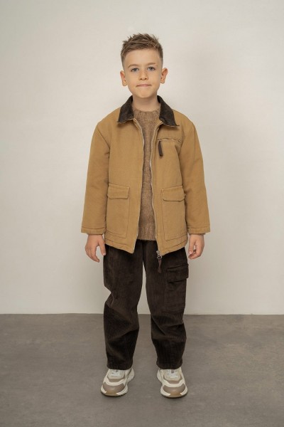 * 2-14 Yaş Erkek Çocuk Fitilli Kadife Yaka Kapitone Mont