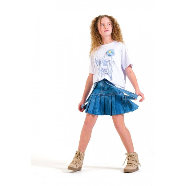 < 8-15 Yaş Kız Çocuk Üç Boyut Çiçekli Tshirt - Beyaz