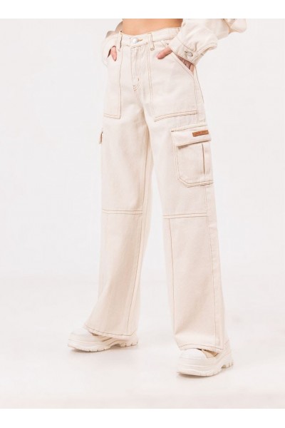 - 8-15 Yaş Kız Çocuk Kargo Cepli Pantolon - Ekru