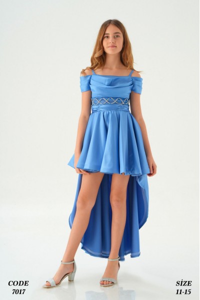 10-15 Yaş Kız Çocuk Saten Abiye - Mavi
