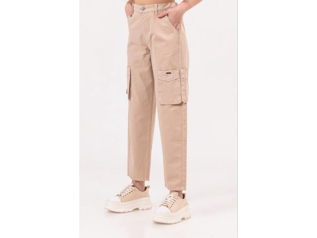 - 8-14 Yaş Kız Çocuk Kargo Cepli Poplin Pantolon - Vizon