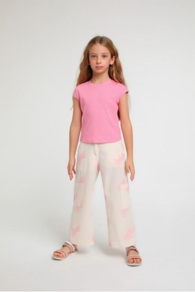 - 4-9 Yaş Kız Çocuk İşlemeli Keten Palazzo Pantolon