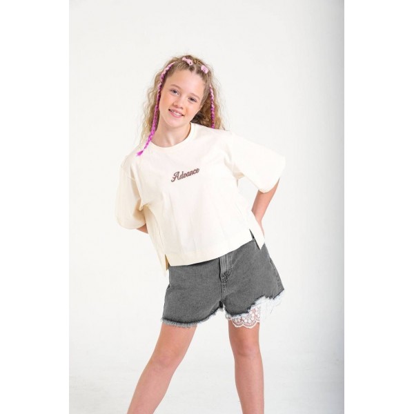 < 8-15 Yaş Kız Çocuk Dantel Detaylı Kot Şort - Gri