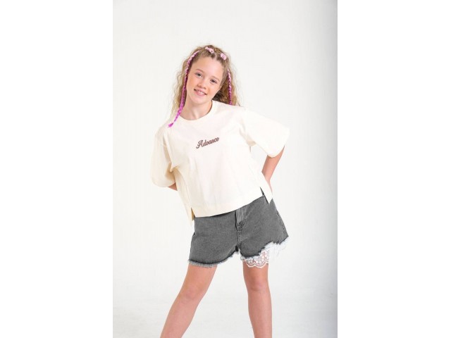 < 8-15 Yaş Kız Çocuk Dantel Detaylı Kot Şort - Gri