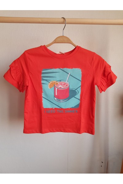 - 8-14 Yaş Kız Çocuk Baskılı Tshirt - Nar Çiçeği