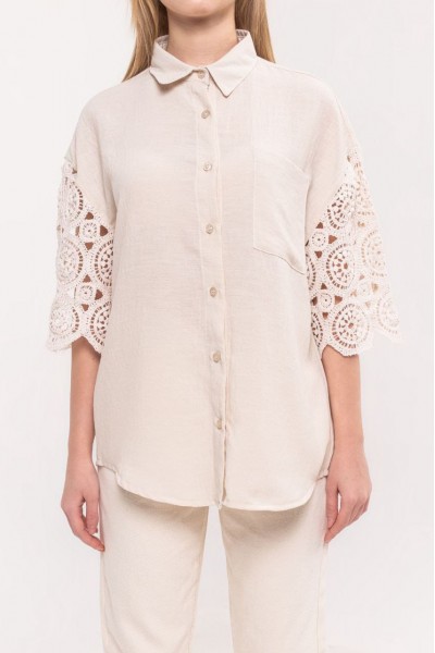 - 8-15 Yaş Kız Çocuk Kolları Güpür Detaylı Keten Gömlek 