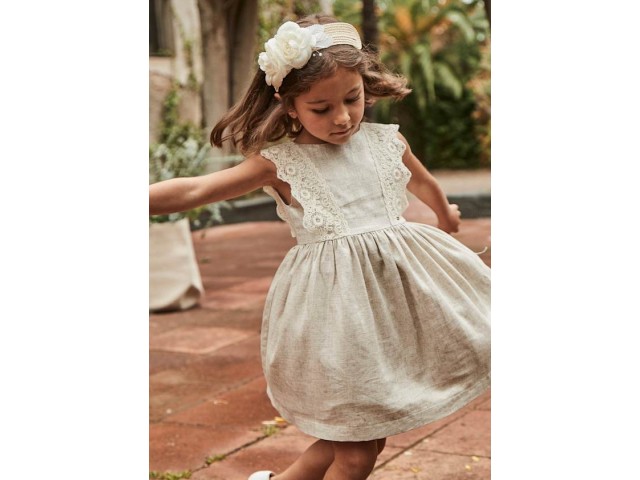 < 3-9 Yaş Kız Çocuk Fisto Detaylı Işıltılı Keten Elbise