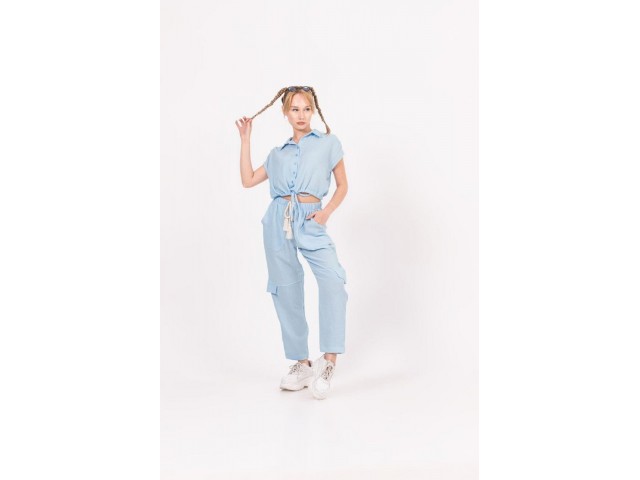 - 8-14 Yaş Kız Çocuk Bağlamalı Müslim Gömlek - Mavi