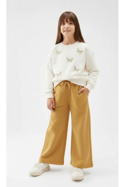 * 4-12 Yaş Kız Çocuk Üç Boyut Kelebek İşlemeli Takım - Sarı