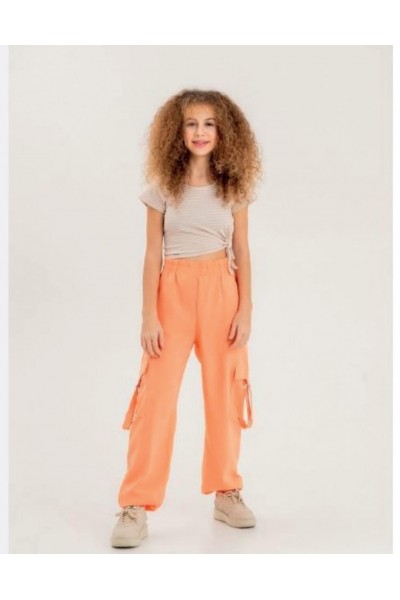- 8-14 Yaş Kız Çocuk Kargo Cepli Keten Pantolon - Kavun 