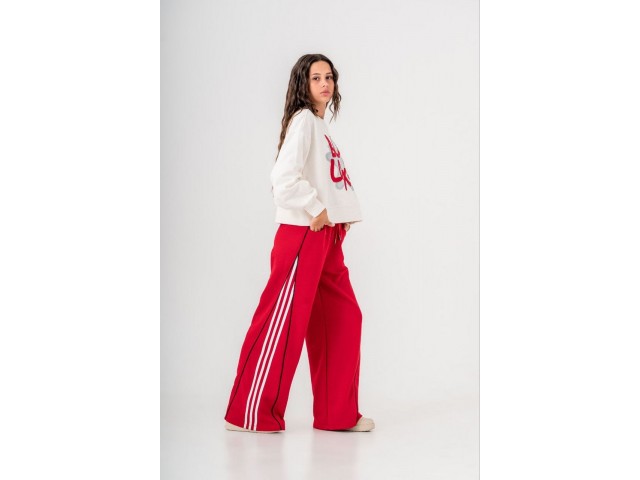 * 9-15 Yaş Kız Çocuk Şerit Detaylı İspanyol Pantolon - Kırmızı
