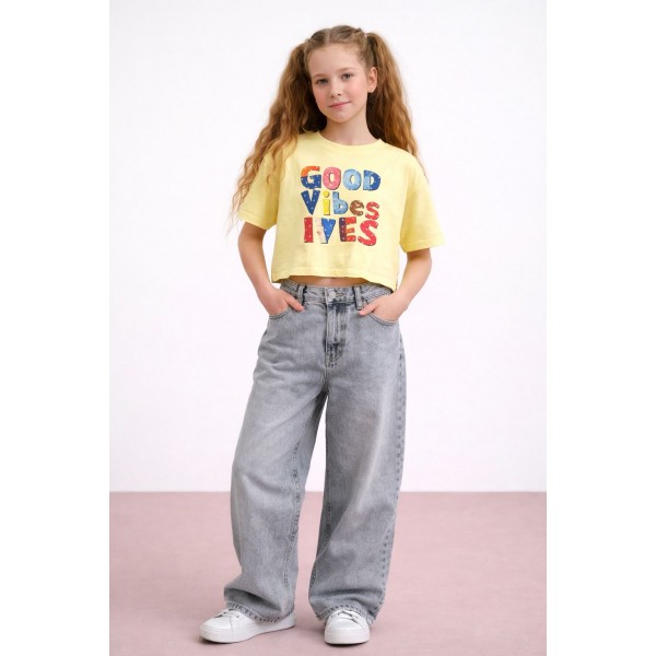 < 8-15 Yaş Kız Çocuk Vibes Tshirt - Sarı