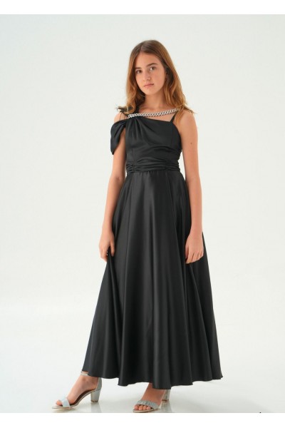 10-15 Yaş Kız Çocuk Saten Abiye - Siyah