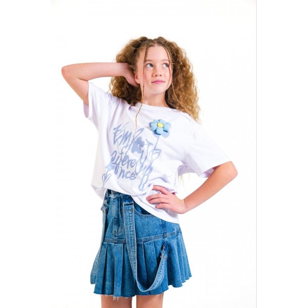 < 8-15 Yaş Kız Çocuk Üç Boyut Çiçekli Tshirt - Beyaz