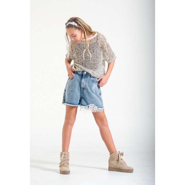 < 8-15 Yaş Kız Çocuk Dantel Detaylı Kot Şort - Mavi