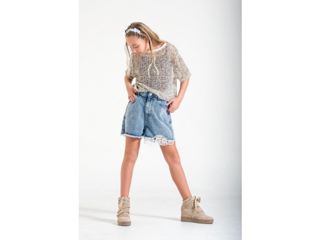 < 8-15 Yaş Kız Çocuk Dantel Detaylı Kot Şort - Mavi