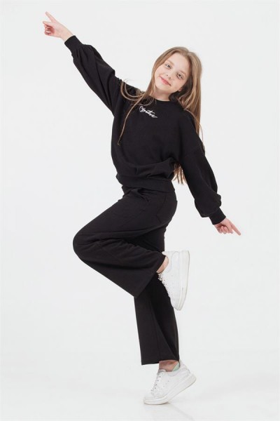 * 9-14 Yaş Kız Çocuk Sırtı Yazı Baskılı Takım - Siyah