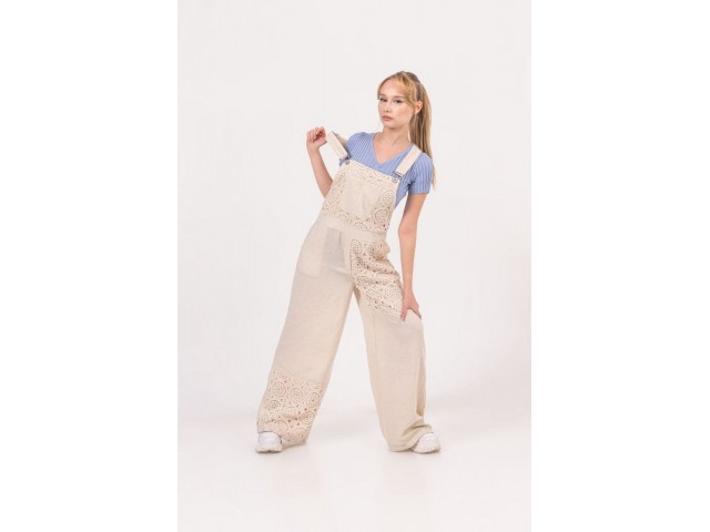 8-15 Yaş Güpür Detaylı Keten Salopet 