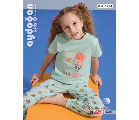 3-7 Yaş Kız Çocuk Pijama Takımı - Mint