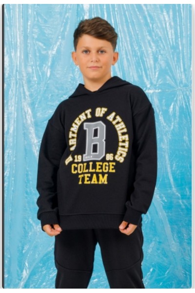 * 9-14 Yaş Erkek Çocuk Baskılı Kapüşonlu Sweatsirt -Siyah