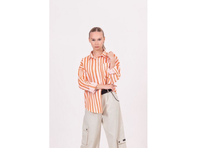 8-15 Yaş Kız Çocuk Çizgili Keten Gömlek - Oranj 