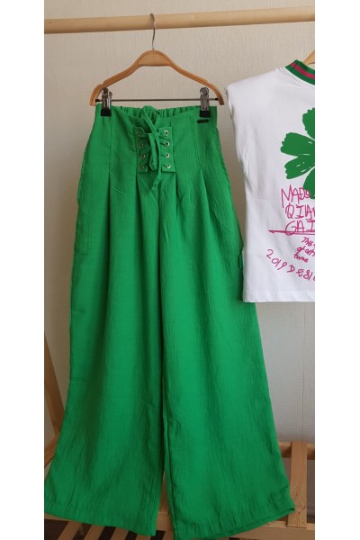 - 9-15 Yaş Kız Çocuk Keten Pantolon - Yeşil